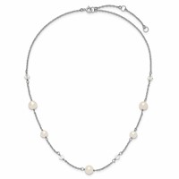 Sterling Silver Rhodium-plated 6-10mm White Near-Round Freshwater Cultured Pearl and Glass 5-Station Necklace with 2.5 Inch Extension, 17.5" view 4