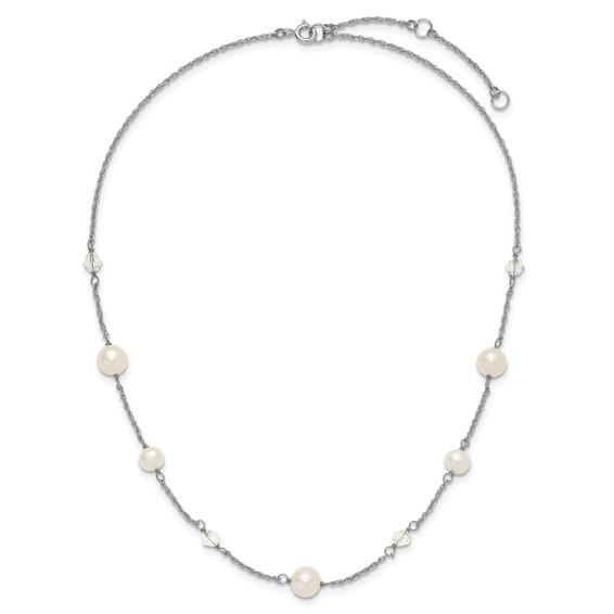 Sterling Silver Rhodium-plated 6-10mm White Near-Round Freshwater Cultured Pearl and Glass 5-Station 17.5 inch with 2.5 inch Extension Necklace