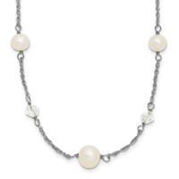 Sterling Silver Rhodium-plated 6-10mm White Near-Round Freshwater Cultured Pearl and Glass 5-Station Necklace with 2.5 Inch Extension, 17.5" view 1