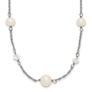 Sterling Silver Rhodium-plated 6-10mm White Near-Round Freshwater Cultured Pearl and Glass 5-Station 17.5 inch with 2.5 inch Extension Necklace