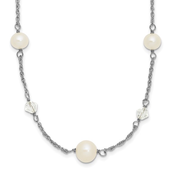 Sterling Silver Rhodium-plated 6-10mm White Near-Round Freshwater Cultured Pearl and Glass 5-Station 17.5 inch with 2.5 inch Extension Necklace