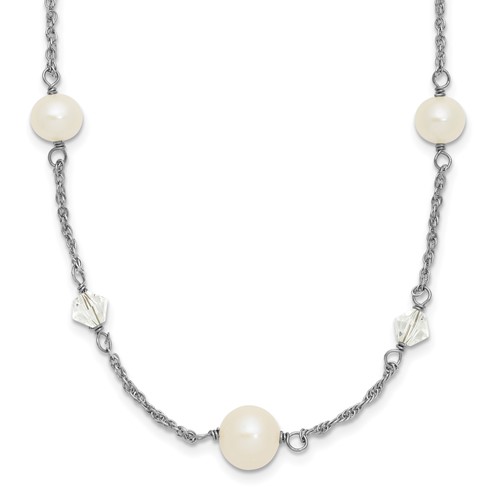 Sterling Silver Rhodium-plated 6-10mm White Near-Round Freshwater Cultured Pearl and Glass 5-Station Necklace with 2.5 Inch Extension, 17.5"