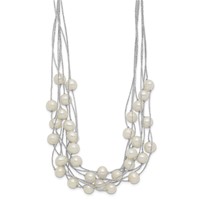 Sterling Silver Rhodium-plated 8-10mm White Semi-Round Freshwater Cultured Pearl Multi Strand Necklace, 18" view 2