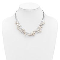 Sterling Silver Rhodium-plated 8-10mm White Semi-Round Freshwater Cultured Pearl Multi Strand Necklace, 18" view 3