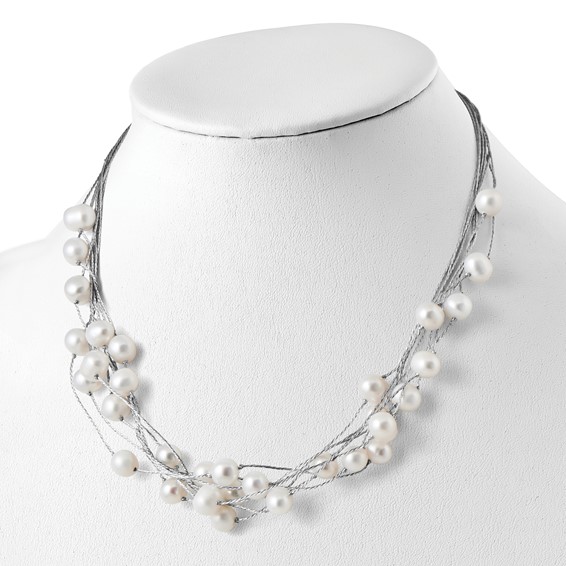 Sterling Silver Rhodium-plated 8-10mm White Semi-Round Freshwater Cultured Pearl Multi Strand 18 inch Necklace
