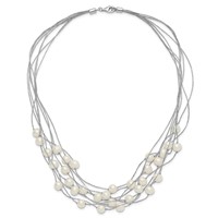 Sterling Silver Rhodium-plated 8-10mm White Semi-Round Freshwater Cultured Pearl Multi Strand Necklace, 18" view 4