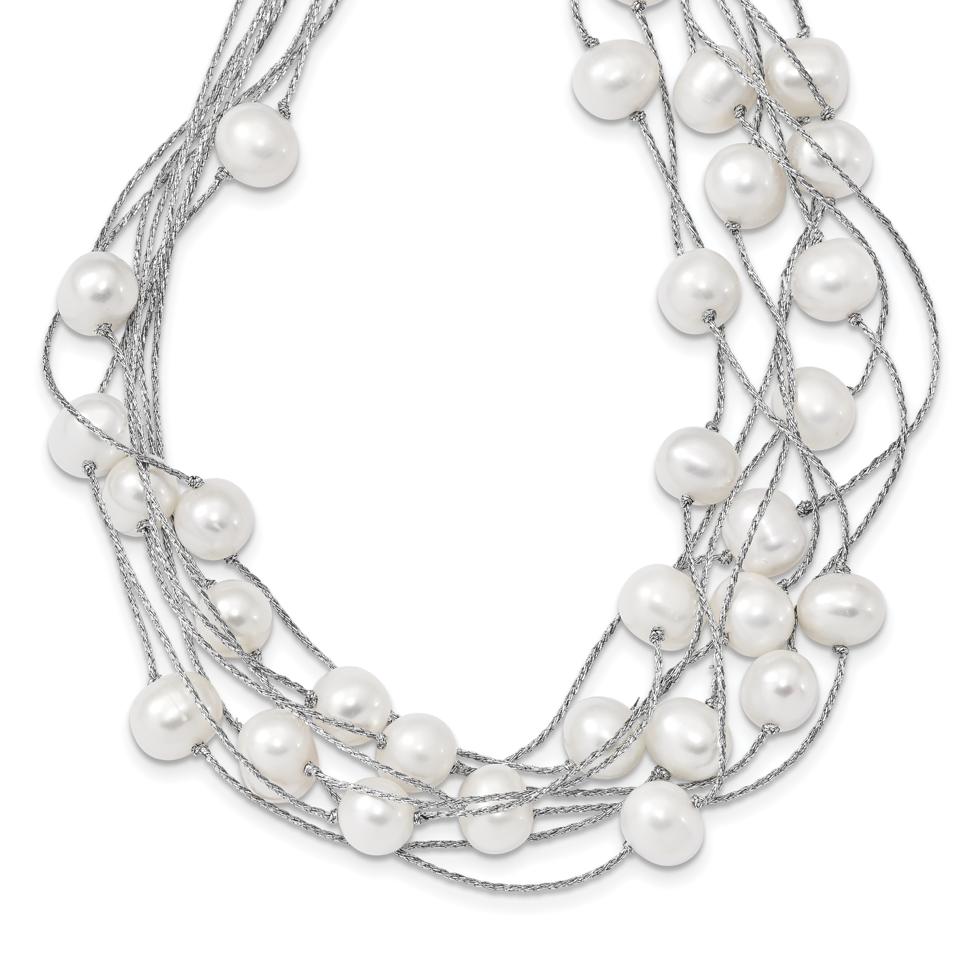 Sterling Silver Rhodium-plated 8-10mm White Semi-Round Freshwater Cultured Pearl Multi Strand 18 inch Necklace (QH5408-18)