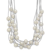 Sterling Silver Rhodium-plated 8-10mm White Semi-Round Freshwater Cultured Pearl Multi Strand Necklace, 18" view 1