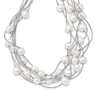 Sterling Silver Rhodium-plated 8-10mm White Semi-Round Freshwater Cultured Pearl Multi Strand 18 inch Necklace