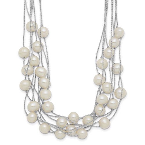 Sterling Silver Rhodium-plated 8-10mm White Semi-Round Freshwater Cultured Pearl Multi Strand Necklace, 18"