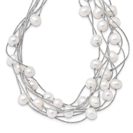 Sterling Silver Rhodium-plated 8-10mm White Semi-Round Freshwater Cultured Pearl Multi Strand 18 inch Necklace