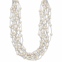 Sterling Silver Rhodium-plated 6-8mm White Semi-Round Freshwater Cultured Pearl Multi Strand Necklace, 15" view 2