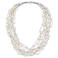 Sterling Silver Rhodium-plated 6-8mm White Semi-Round Freshwater Cultured Pearl Multi Strand Necklace, 15" view 3