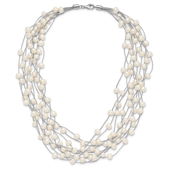 Sterling Silver Rhodium-plated 6-8mm White Semi-Round Freshwater Cultured Pearl Multi Strand 15 inch Necklace