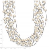 Sterling Silver Rhodium-plated 6-8mm White Semi-Round Freshwater Cultured Pearl Multi Strand Necklace, 15" view 4