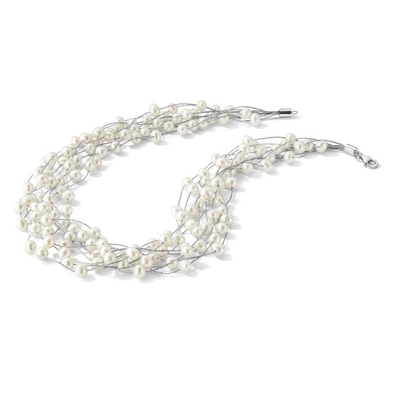 Sterling Silver Rhodium-plated 6-8mm White Semi-Round Freshwater Cultured Pearl Multi Strand 15 inch Necklace