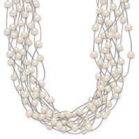 Sterling Silver Rhodium-plated 6-8mm White Semi-Round Freshwater Cultured Pearl Multi Strand Necklace, 15" view 1
