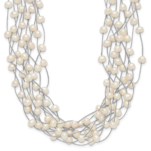 Sterling Silver Rhodium-plated 6-8mm White Semi-Round Freshwater Cultured Pearl Multi Strand Necklace, 15"