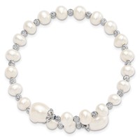 Sterling Silver Rhodium-plated 6-9mm White Teardrop and Near-Round Freshwater Cultured Pearl Bangle with Diamond-cut Beaded Wrap Flexible view 2