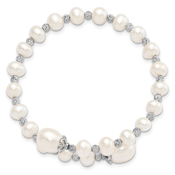 Sterling Silver Rhodium-plated 6-9mm White Teardrop and Near-Round Freshwater Cultured Pearl with Diamond-cut Beaded Wrap Flexible Bangle