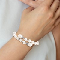 Sterling Silver Rhodium-plated 6-9mm White Teardrop and Near-Round Freshwater Cultured Pearl Bangle with Diamond-cut Beaded Wrap Flexible view 4