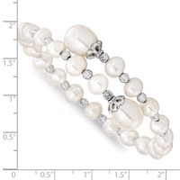 Sterling Silver Rhodium-plated 6-9mm White Teardrop and Near-Round Freshwater Cultured Pearl Bangle with Diamond-cut Beaded Wrap Flexible view 3