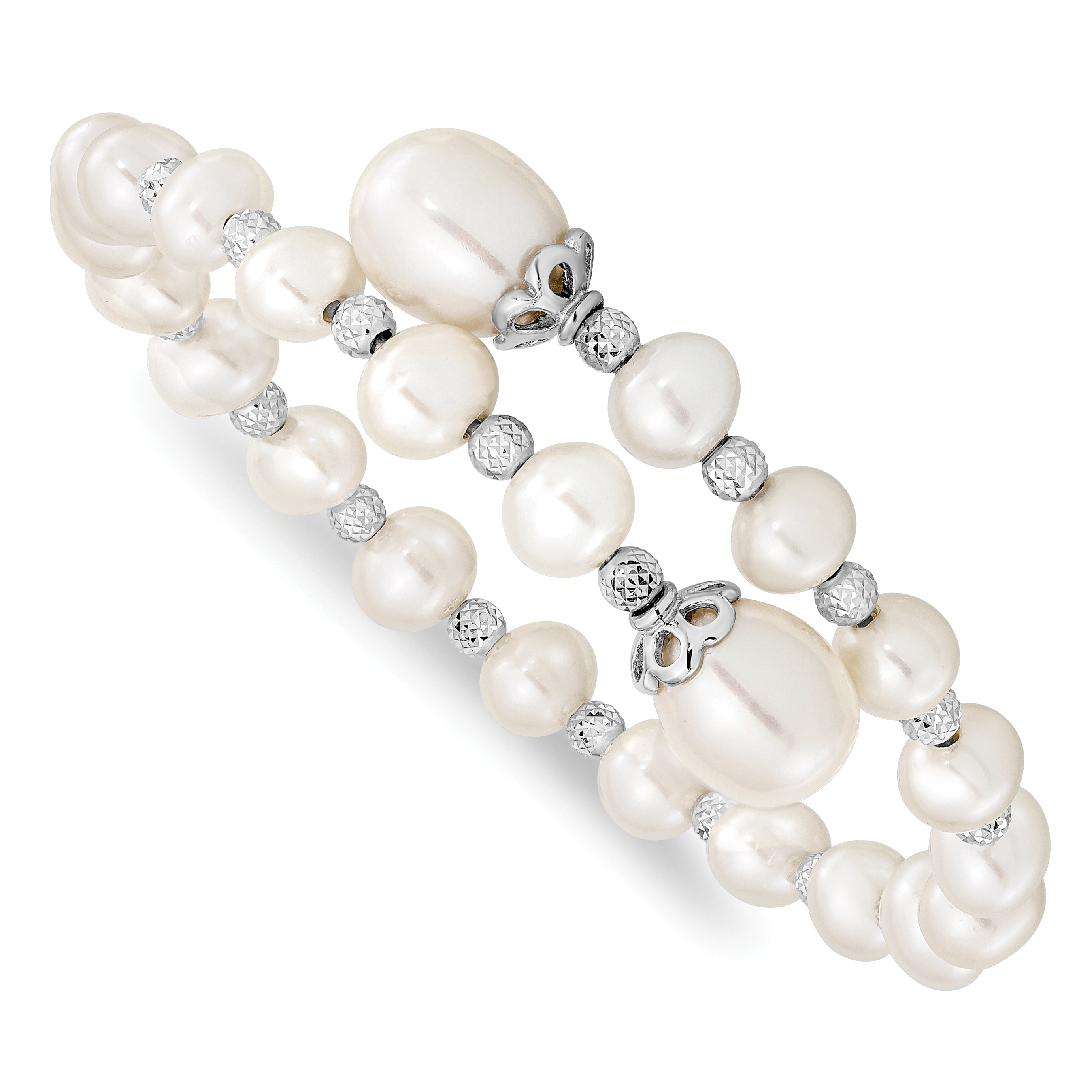 Sterling Silver Rhodium-plated 6-9mm White Teardrop and Near-Round Freshwater Cultured Pearl with Diamond-cut Beaded Wrap Flexible Bangle (QH5413)