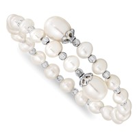 Sterling Silver Rhodium-plated 6-9mm White Teardrop and Near-Round Freshwater Cultured Pearl Bangle with Diamond-cut Beaded Wrap Flexible view 1