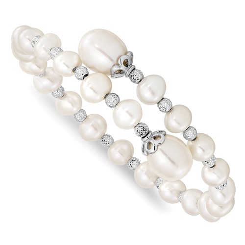 Sterling Silver Rhodium-plated 6-9mm White Teardrop and Near-Round Freshwater Cultured Pearl Bangle with Diamond-cut Beaded Wrap Flexible