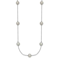 Sterling Silver Rhodium-plated 7-8mm Grey Semi-Round Freshwater Cultured Pearl 9-Station Necklace, 18" view 2
