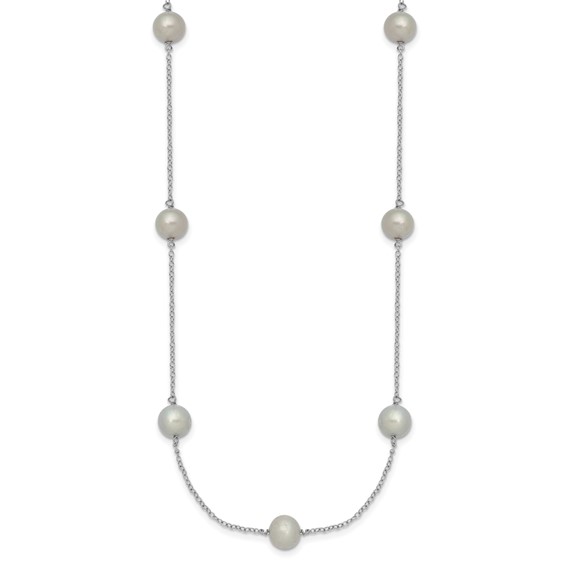 Sterling Silver Rhodium-plated 7-8mm Grey Semi-Round Freshwater Cultured Pearl 9-Station 18 inch Necklace
