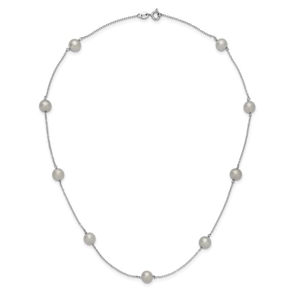 Sterling Silver Rhodium-plated 7-8mm Grey Semi-Round Freshwater Cultured Pearl 9-Station 18 inch Necklace