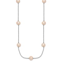 Sterling Silver Rhodium-plated 7-8mm Pink Semi-Round Freshwater Cultured Pearl 9-Station Necklace, 18" view 2