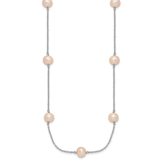 Sterling Silver Rhodium-plated 7-8mm Pink Semi-Round Freshwater Cultured Pearl 9-Station 18 inch Necklace