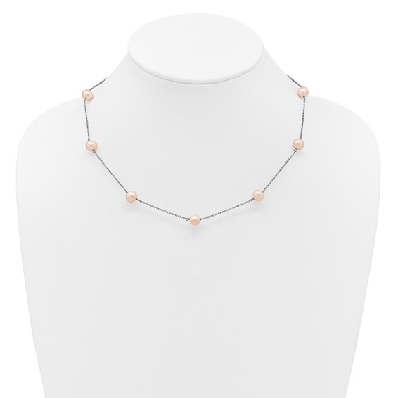 Sterling Silver Rhodium-plated 7-8mm Pink Semi-Round Freshwater Cultured Pearl 9-Station 18 inch Necklace