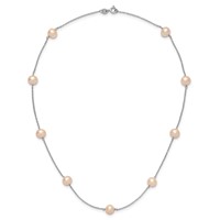 Sterling Silver Rhodium-plated 7-8mm Pink Semi-Round Freshwater Cultured Pearl 9-Station Necklace, 18" view 4