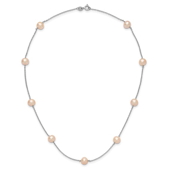 Sterling Silver Rhodium-plated 7-8mm Pink Semi-Round Freshwater Cultured Pearl 9-Station 18 inch Necklace