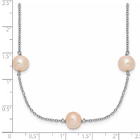 Sterling Silver Rhodium-plated 7-8mm Pink Semi-Round Freshwater Cultured Pearl 9-Station Necklace, 18" view 5