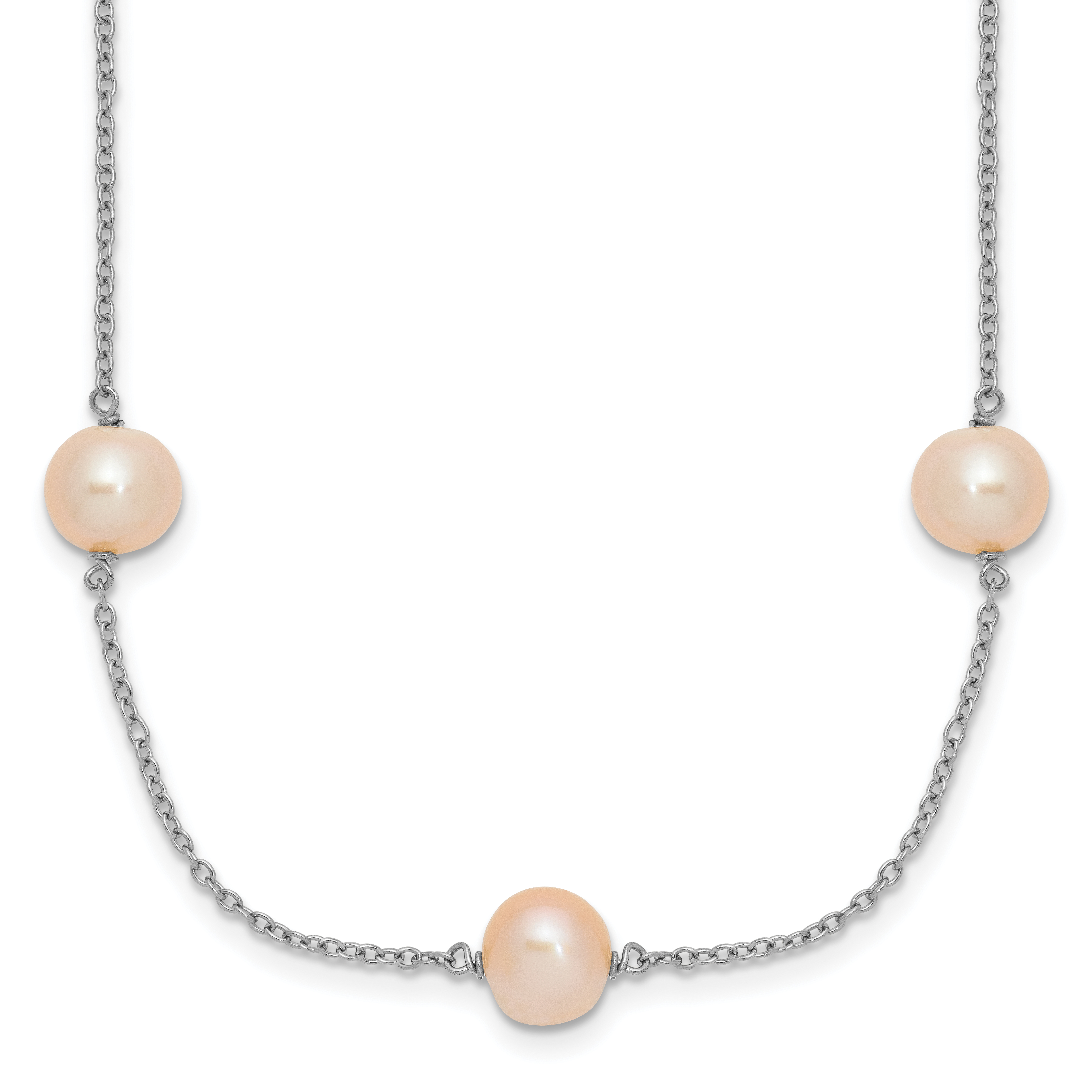 Sterling Silver Rhodium-plated 7-8mm Pink Semi-Round Freshwater Cultured Pearl 9-Station 18 inch Necklace (QH5418-18)