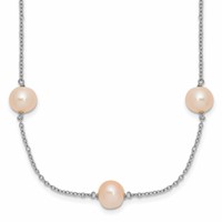 Sterling Silver Rhodium-plated 7-8mm Pink Semi-Round Freshwater Cultured Pearl 9-Station Necklace, 18" view 1