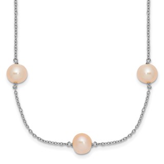 Sterling Silver Rhodium-plated 7-8mm Pink Semi-Round Freshwater Cultured Pearl 9-Station 18 inch Necklace