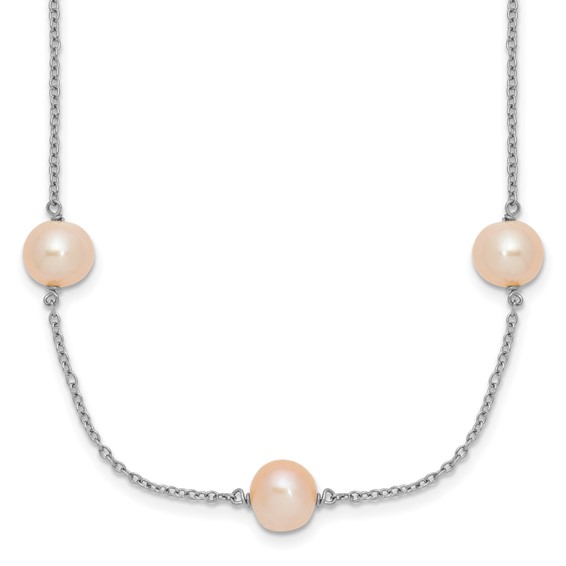 Sterling Silver Rhodium-plated 7-8mm Pink Semi-Round Freshwater Cultured Pearl 9-Station 18 inch Necklace