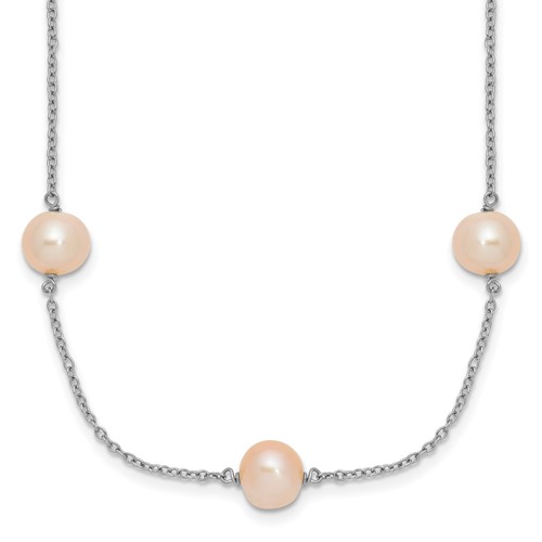 Sterling Silver Rhodium-plated 7-8mm Pink Semi-Round Freshwater Cultured Pearl 9-Station Necklace, 18"