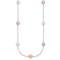 Sterling Silver Rhodium-plated 7-8mm White Pink Purple Near-Round Freshwater Cultured Pearl 9-Station Necklace, 18" view 2