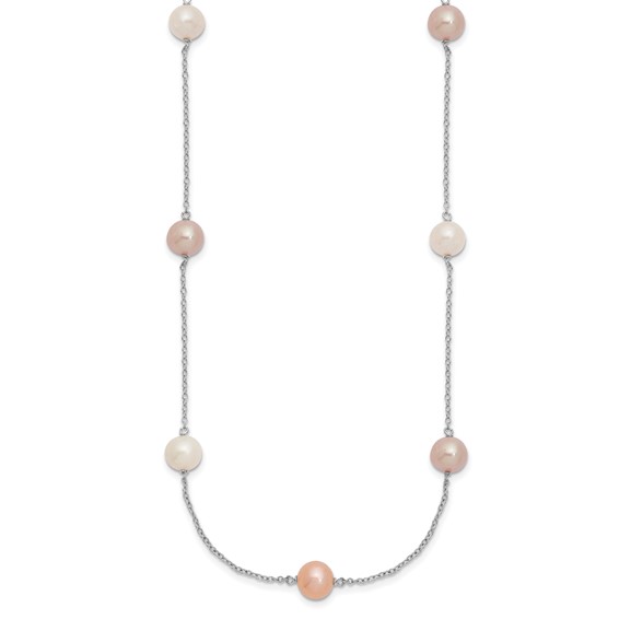 "Sterling Silver Rhodium-plated 7-8mm White, Pink and Purple Near-Round Freshwater Cultured Pearl 9-Station 18 inch Necklace"