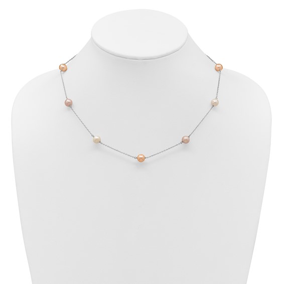 "Sterling Silver Rhodium-plated 7-8mm White, Pink and Purple Near-Round Freshwater Cultured Pearl 9-Station 18 inch Necklace"