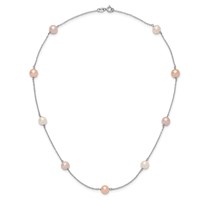 Sterling Silver Rhodium-plated 7-8mm White Pink Purple Near-Round Freshwater Cultured Pearl 9-Station Necklace, 18" view 5