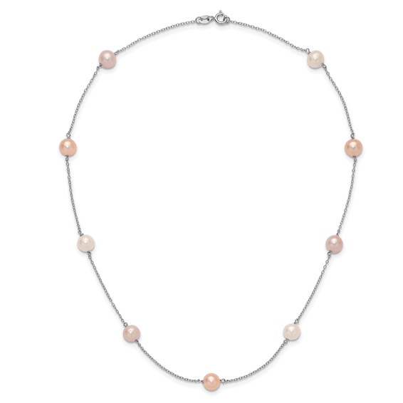 "Sterling Silver Rhodium-plated 7-8mm White, Pink and Purple Near-Round Freshwater Cultured Pearl 9-Station 18 inch Necklace"
