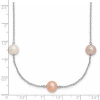 Sterling Silver Rhodium-plated 7-8mm White Pink Purple Near-Round Freshwater Cultured Pearl 9-Station Necklace, 18" view 3