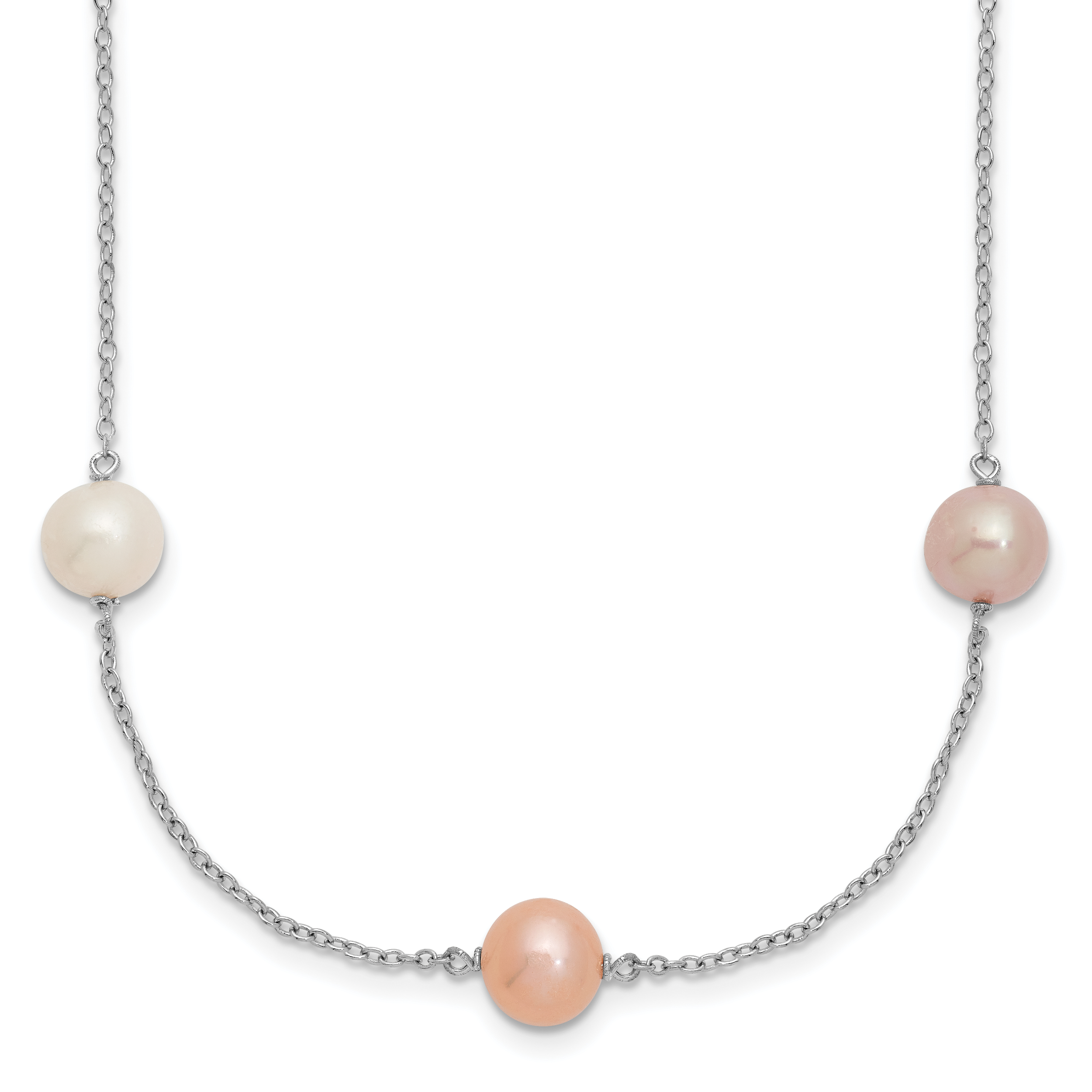 Sterling Silver Rhodium-plated 7-8mm White, Pink and Purple Near-Round Freshwater Cultured Pearl 9-Station 18 inch Necklace (QH5419-18)